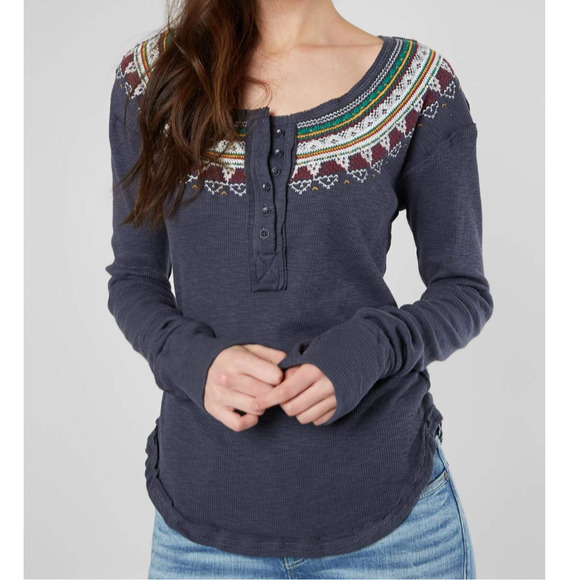 Free People Thermal Top Small Navy Blue Fair Isle Henlet Long Sleeve - Picture 1 of 13